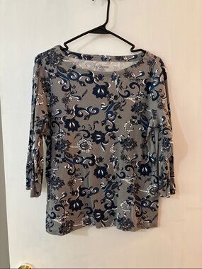 Chico's Grey Floral-Print Long Sleeve Boatneck Top with Blue Accents